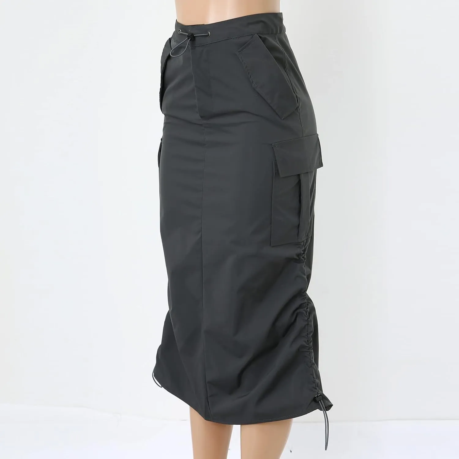 Women's Loose Casual Quick Drying Pleated Drawcord Work Suit Split Skirt Plus Size Pencil Skirt with Slit