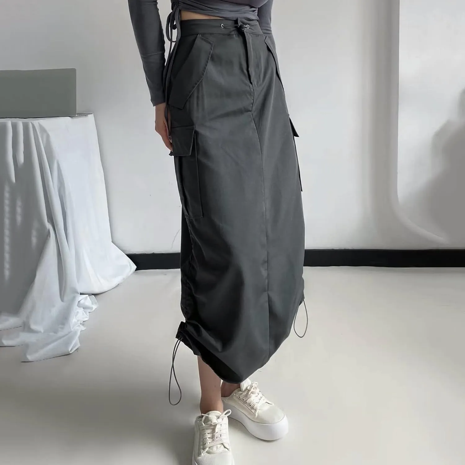 Women's Loose Casual Quick Drying Pleated Drawcord Work Suit Split Skirt Plus Size Pencil Skirt with Slit