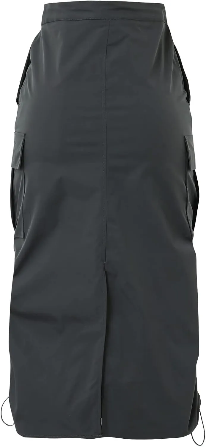 Women's Loose Casual Quick Drying Pleated Drawcord Work Suit Split Skirt Plus Size Pencil Skirt with Slit