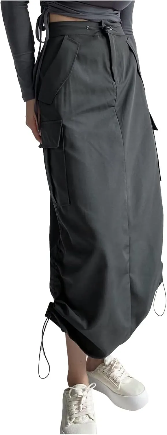 Women's Loose Casual Quick Drying Pleated Drawcord Work Suit Split Skirt Plus Size Pencil Skirt with Slit