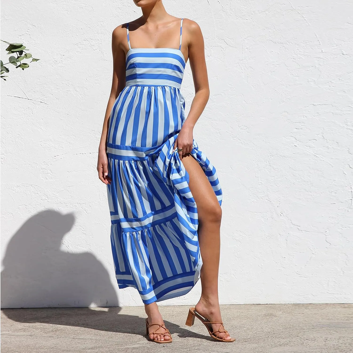 Women's Maxi Boho Dress Striped Print Sleeveless Spaghetti Straps Square Neck Dresses Beach Sundress with Pockets