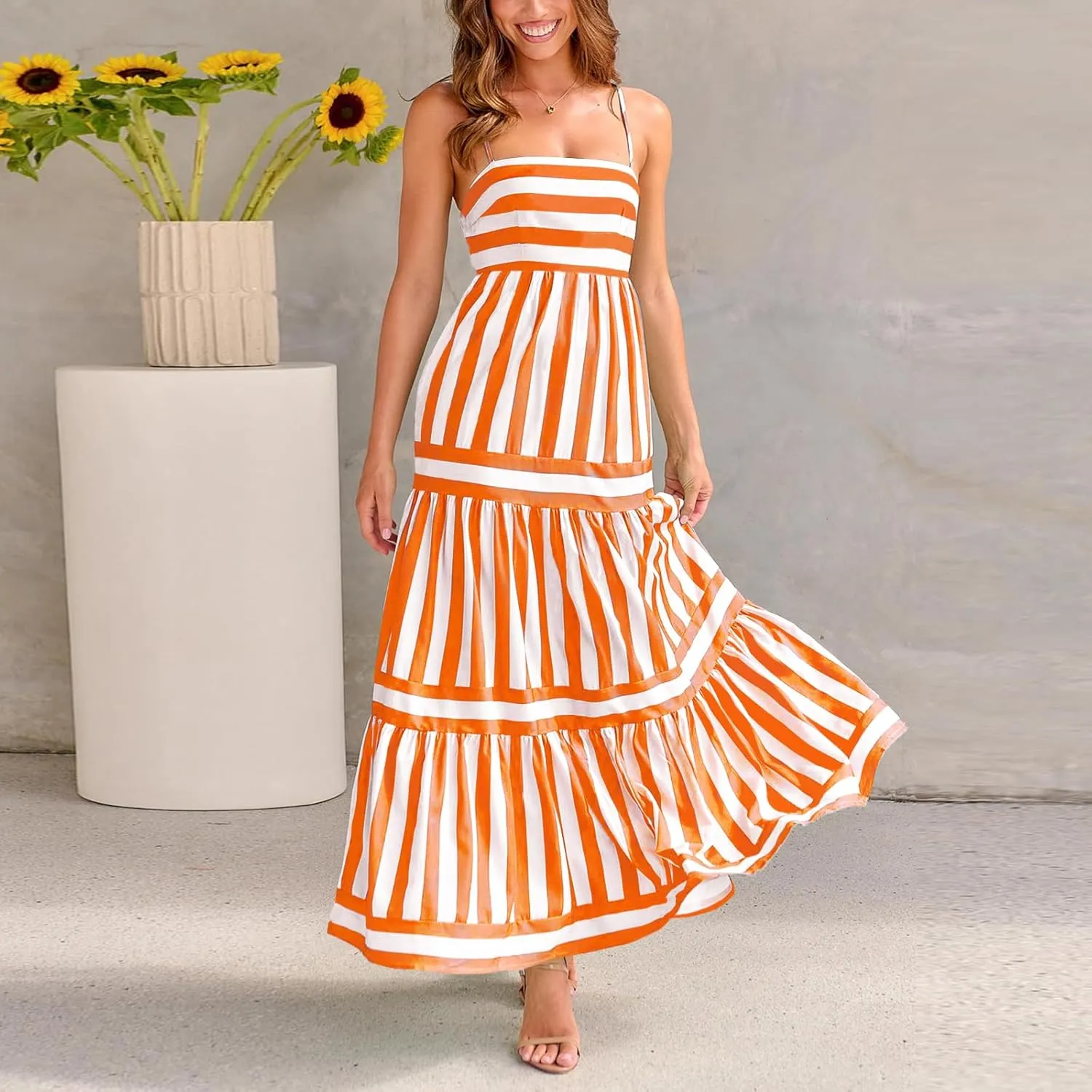 Women's Maxi Boho Dress Striped Print Sleeveless Spaghetti Straps Square Neck Dresses Beach Sundress with Pockets