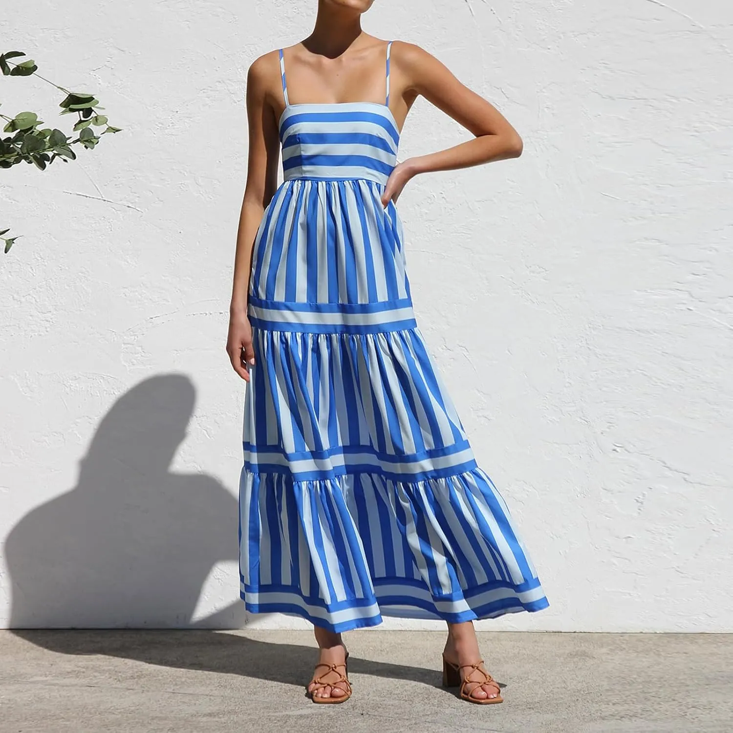 Women's Maxi Boho Dress Striped Print Sleeveless Spaghetti Straps Square Neck Dresses Beach Sundress with Pockets