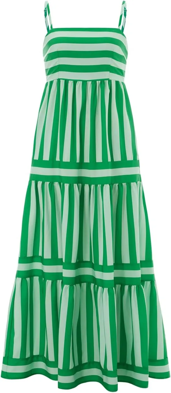 Women's Maxi Boho Dress Striped Print Sleeveless Spaghetti Straps Square Neck Dresses Beach Sundress with Pockets
