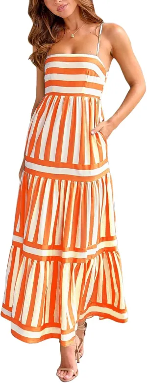 Women's Maxi Boho Dress Striped Print Sleeveless Spaghetti Straps Square Neck Dresses Beach Sundress with Pockets