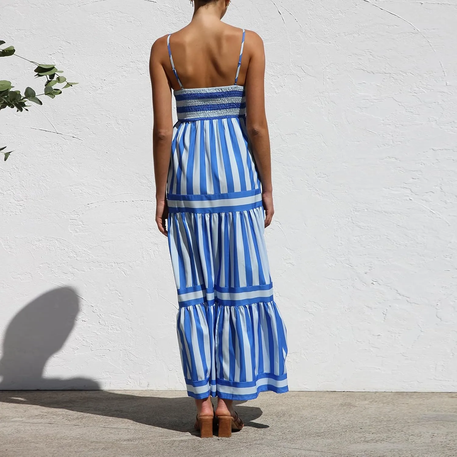 Women's Maxi Boho Dress Striped Print Sleeveless Spaghetti Straps Square Neck Dresses Beach Sundress with Pockets