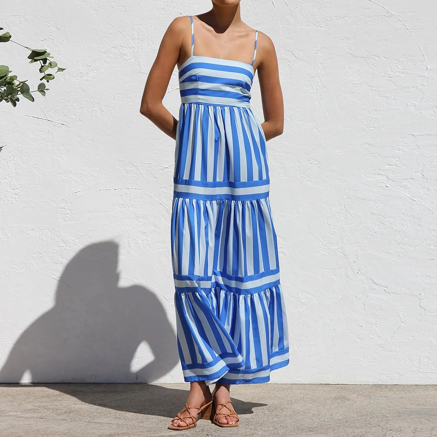 Women's Maxi Boho Dress Striped Print Sleeveless Spaghetti Straps Square Neck Dresses Beach Sundress with Pockets