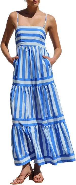 Women's Maxi Boho Dress Striped Print Sleeveless Spaghetti Straps Square Neck Dresses Beach Sundress with Pockets