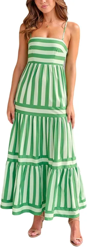Women's Maxi Boho Dress Striped Print Sleeveless Spaghetti Straps Square Neck Dresses Beach Sundress with Pockets