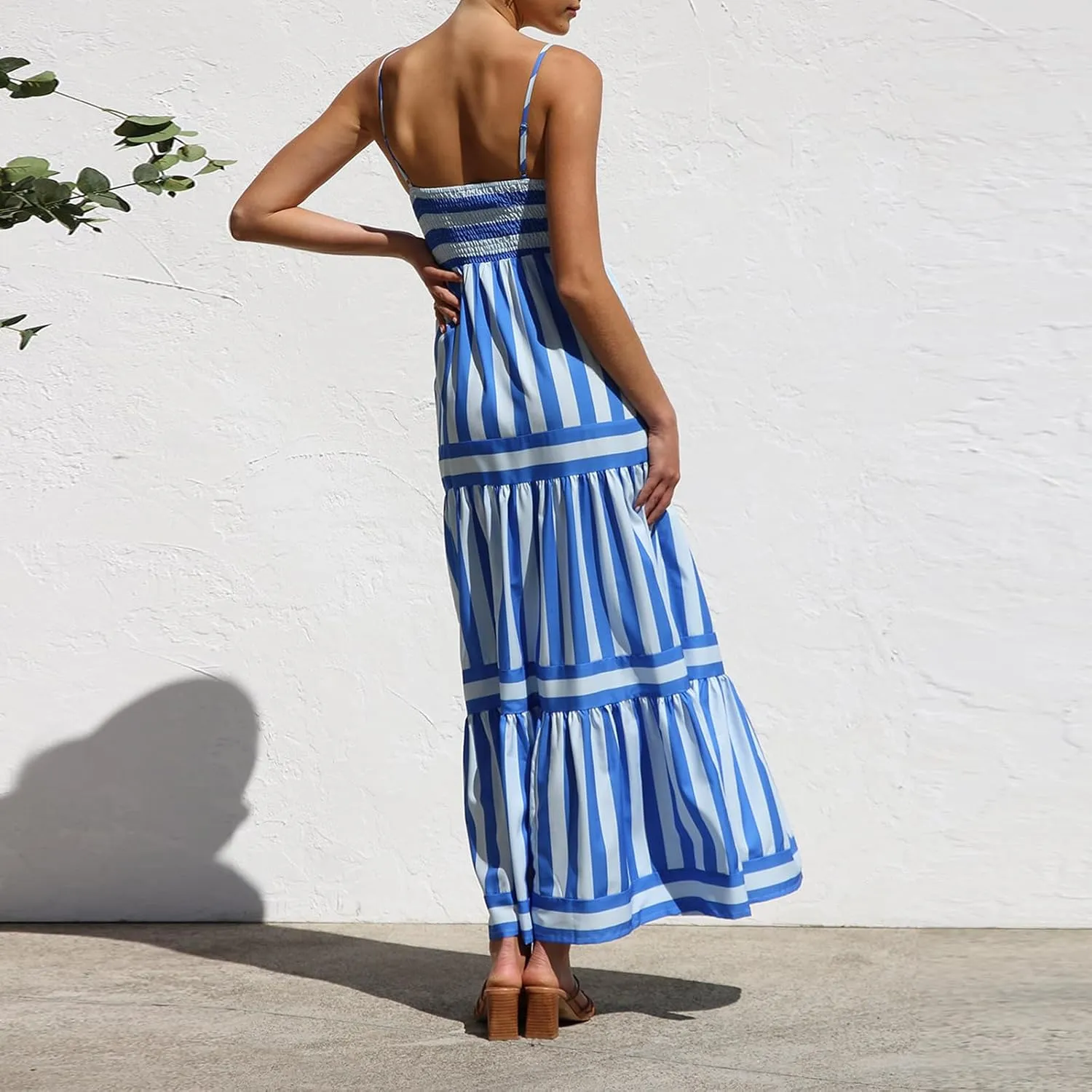 Women's Maxi Boho Dress Striped Print Sleeveless Spaghetti Straps Square Neck Dresses Beach Sundress with Pockets