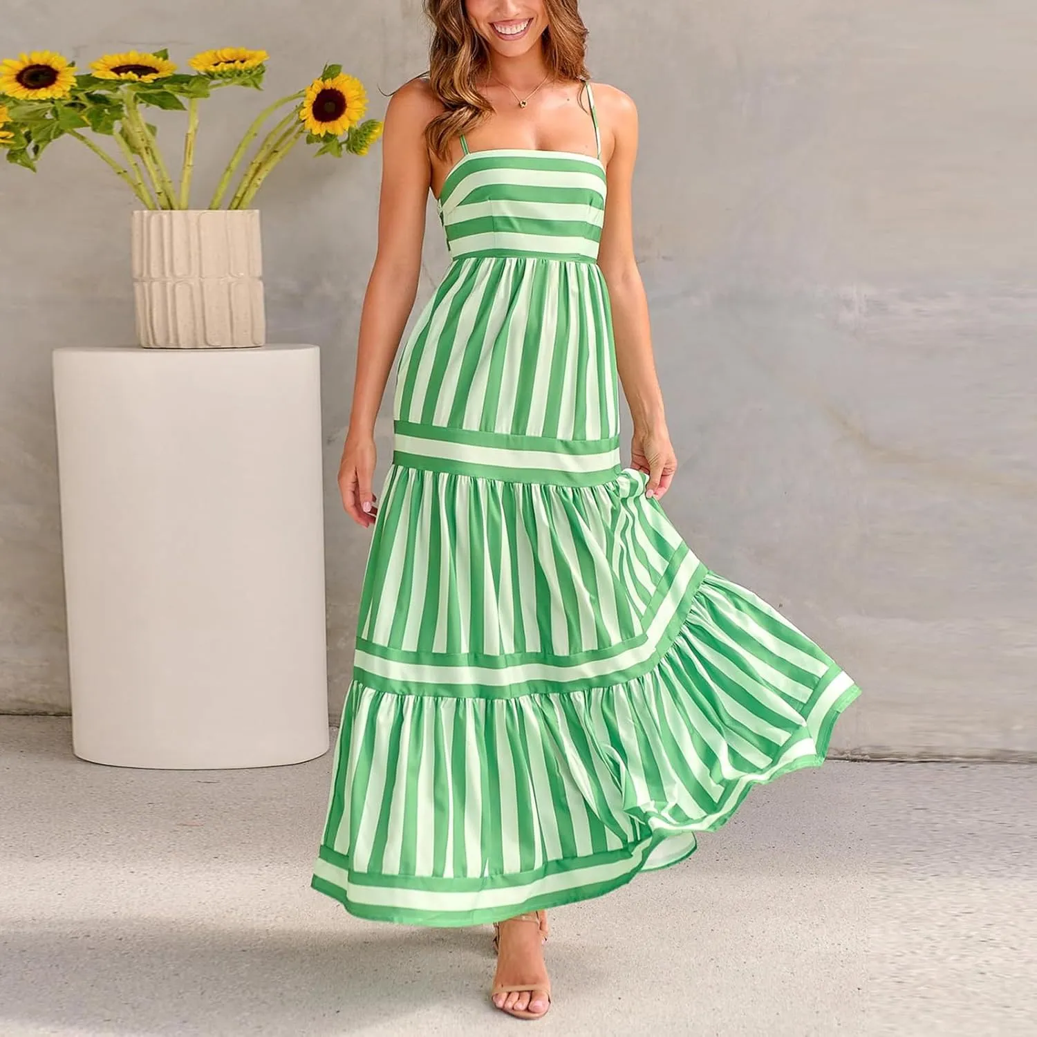 Women's Maxi Boho Dress Striped Print Sleeveless Spaghetti Straps Square Neck Dresses Beach Sundress with Pockets