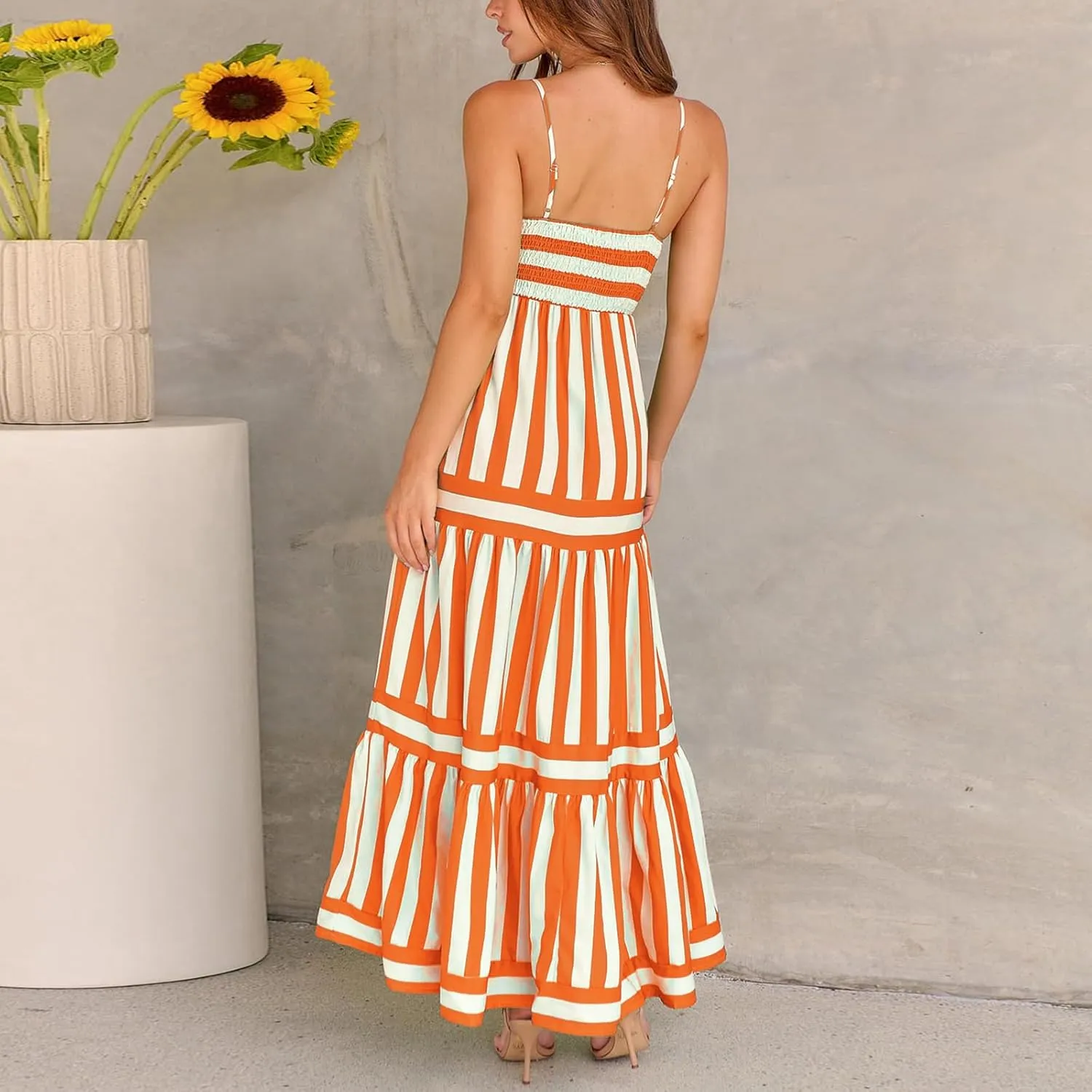 Women's Maxi Boho Dress Striped Print Sleeveless Spaghetti Straps Square Neck Dresses Beach Sundress with Pockets
