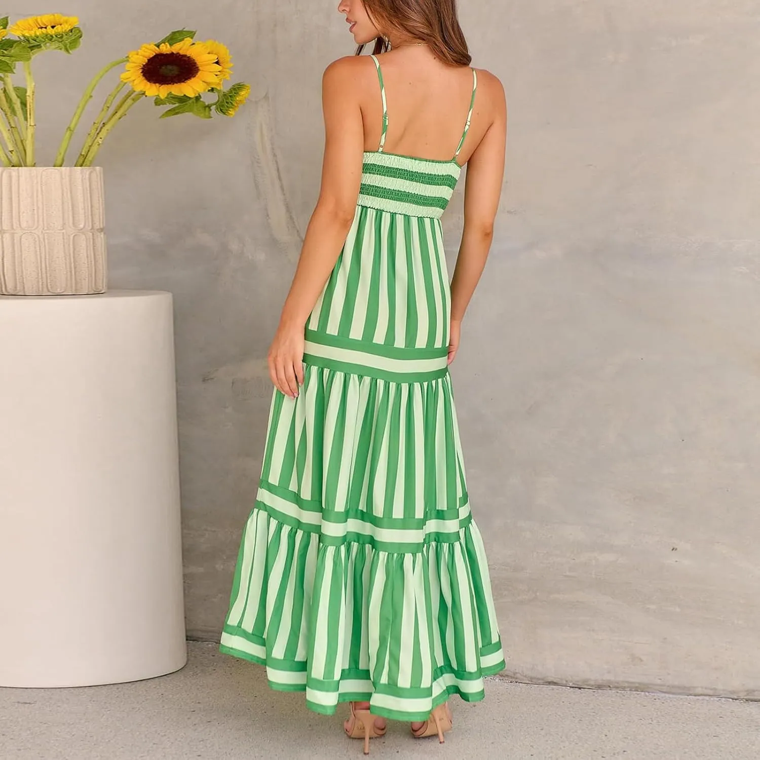 Women's Maxi Boho Dress Striped Print Sleeveless Spaghetti Straps Square Neck Dresses Beach Sundress with Pockets