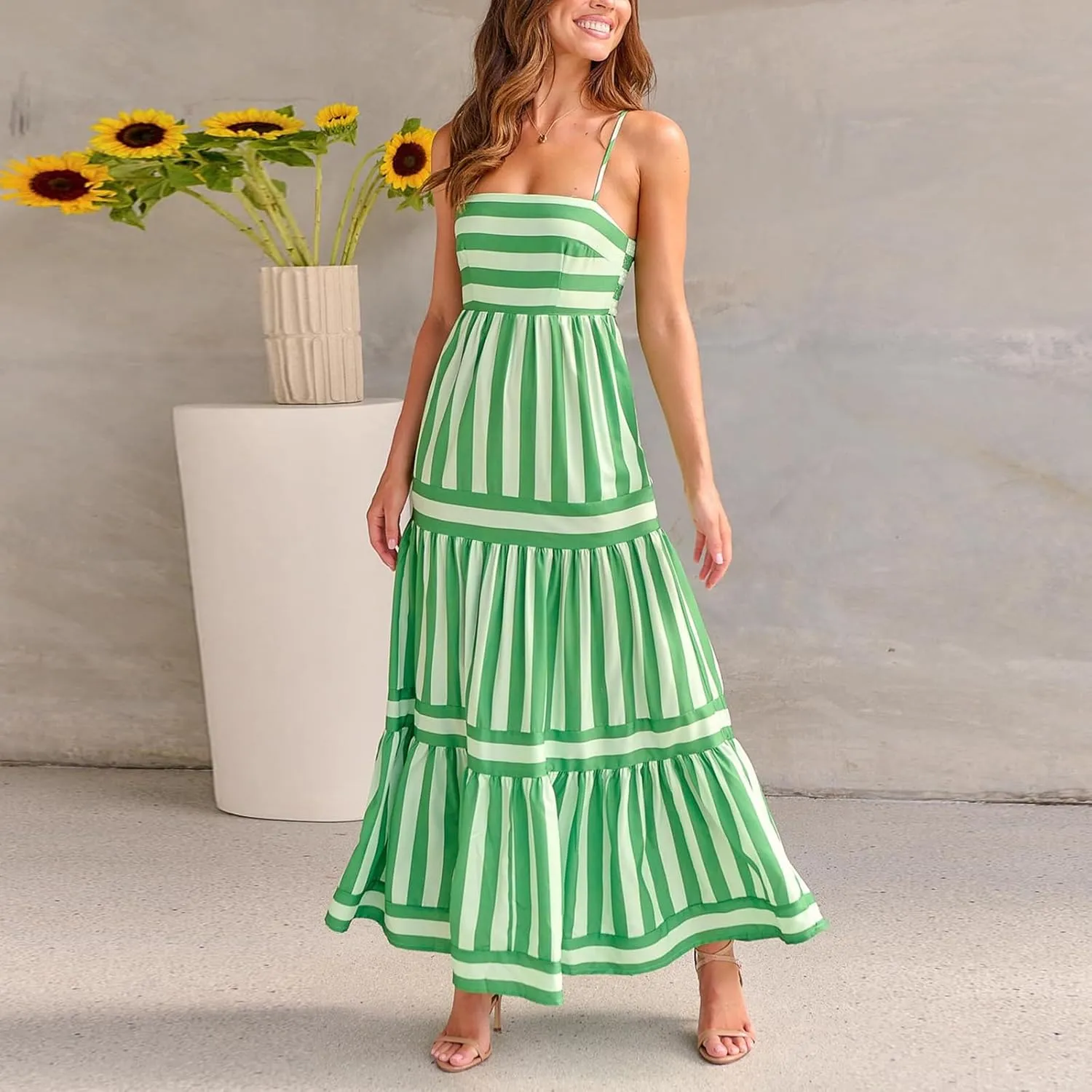Women's Maxi Boho Dress Striped Print Sleeveless Spaghetti Straps Square Neck Dresses Beach Sundress with Pockets