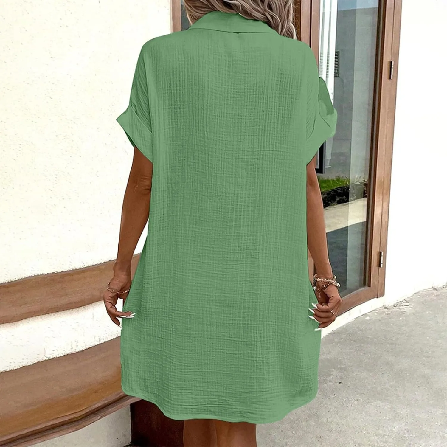 Women's Maxi Dress 2025 Summer Casual Loose Trendy V-Neck Short Sleeve Solid Linen Button Shirt Dresses, S-2XL