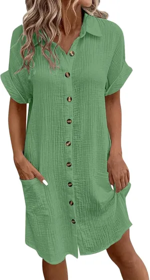 Women's Maxi Dress 2025 Summer Casual Loose Trendy V-Neck Short Sleeve Solid Linen Button Shirt Dresses, S-2XL