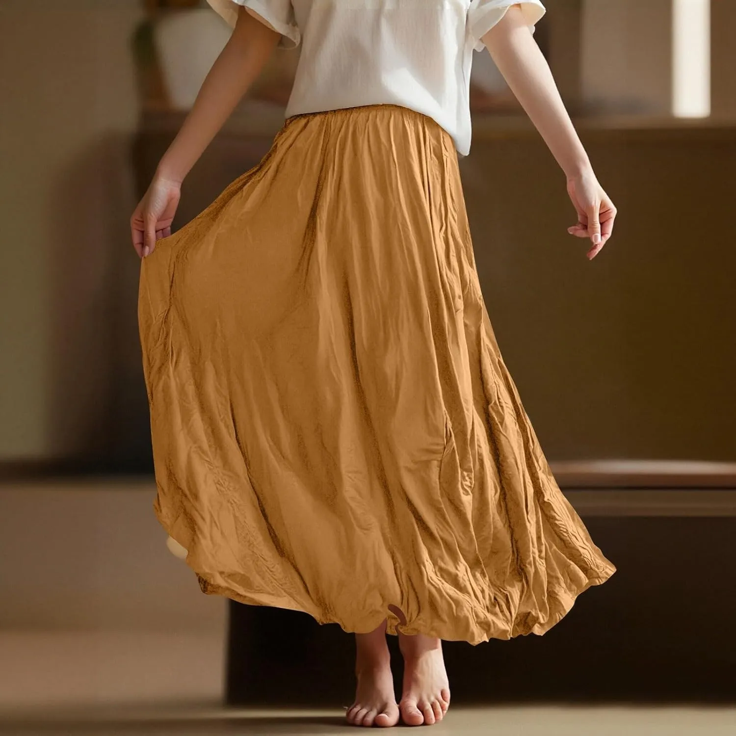 Women's Maxi Dresses 2025 Long Elastic High Waist Retro Pleated A-Line Flared Maxi Skirts, S-XL