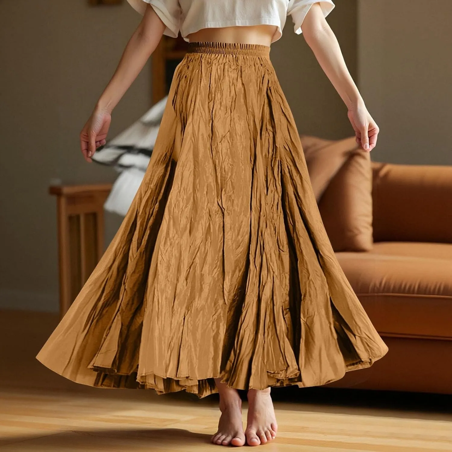 Women's Maxi Dresses 2025 Long Elastic High Waist Retro Pleated A-Line Flared Maxi Skirts, S-XL