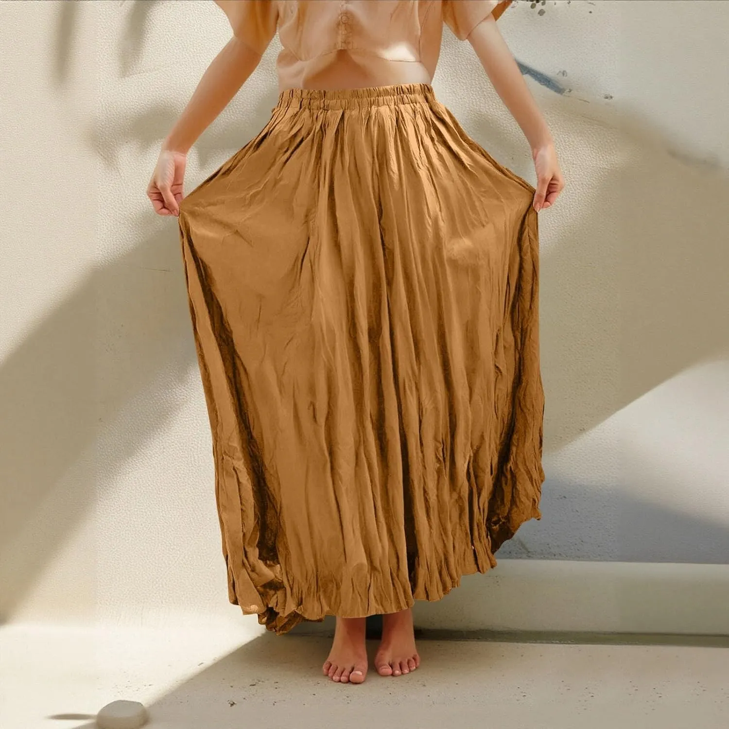 Women's Maxi Dresses 2025 Long Elastic High Waist Retro Pleated A-Line Flared Maxi Skirts, S-XL