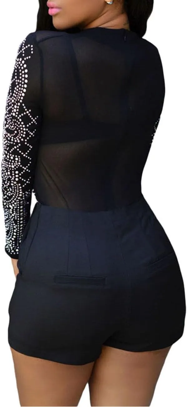 Women's Mesh Tops Glitter Sparkle Rhinestone Shirts See Through Tees Sheer Going Out Blouse
