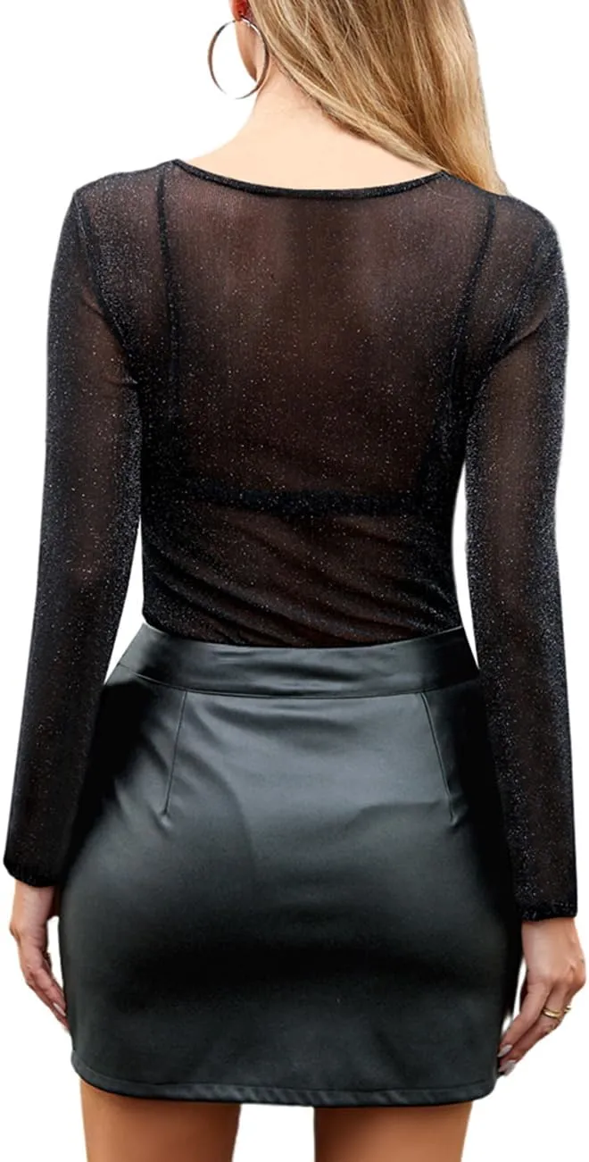 Women's Mesh Tops Glitter Sparkle Rhinestone Shirts See Through Tees Sheer Going Out Blouse