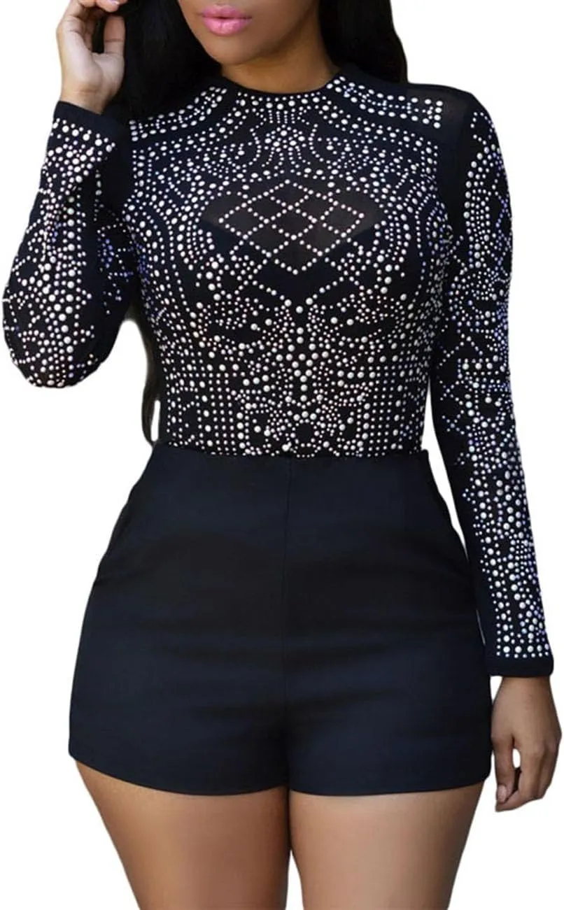 Women's Mesh Tops Glitter Sparkle Rhinestone Shirts See Through Tees Sheer Going Out Blouse