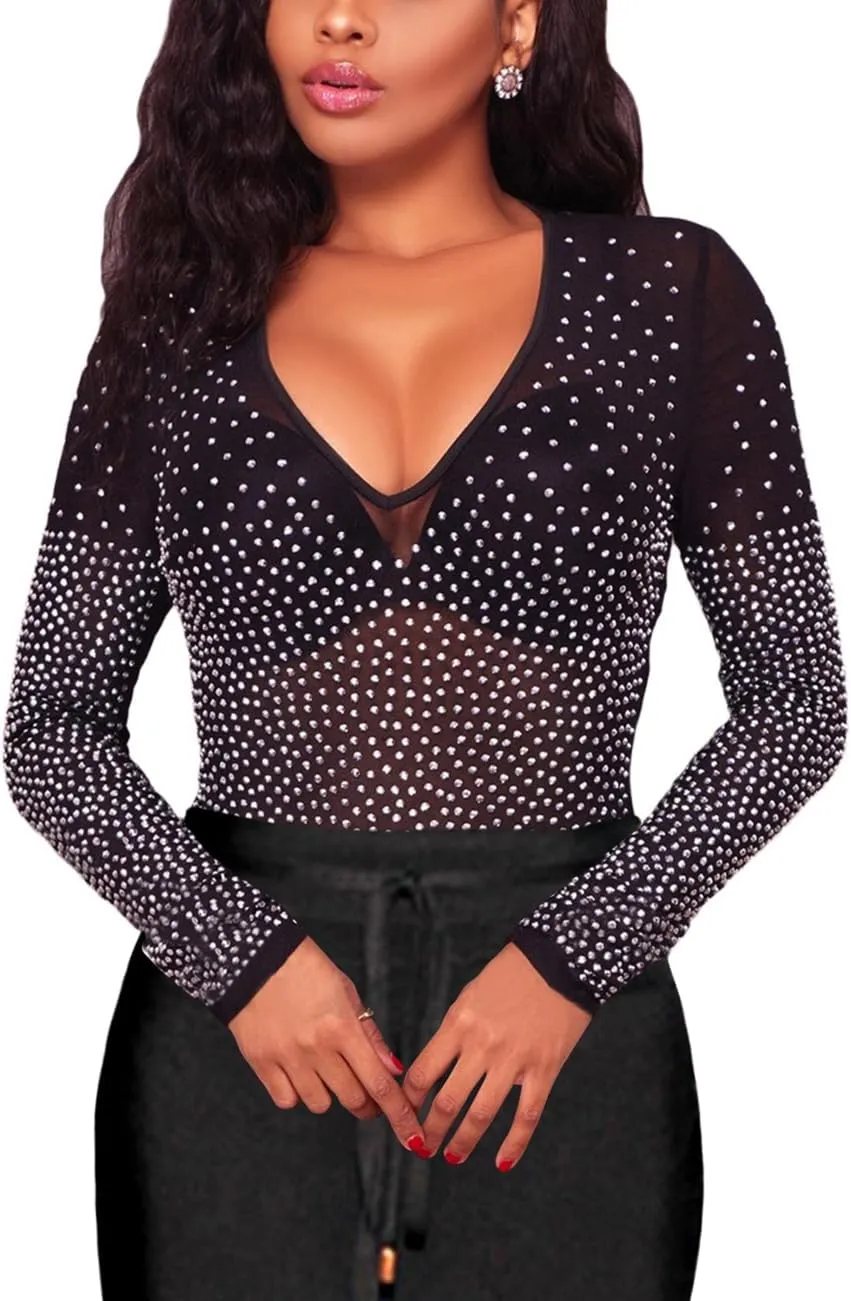 Women's Mesh Tops Glitter Sparkle Rhinestone Shirts See Through Tees Sheer Going Out Blouse