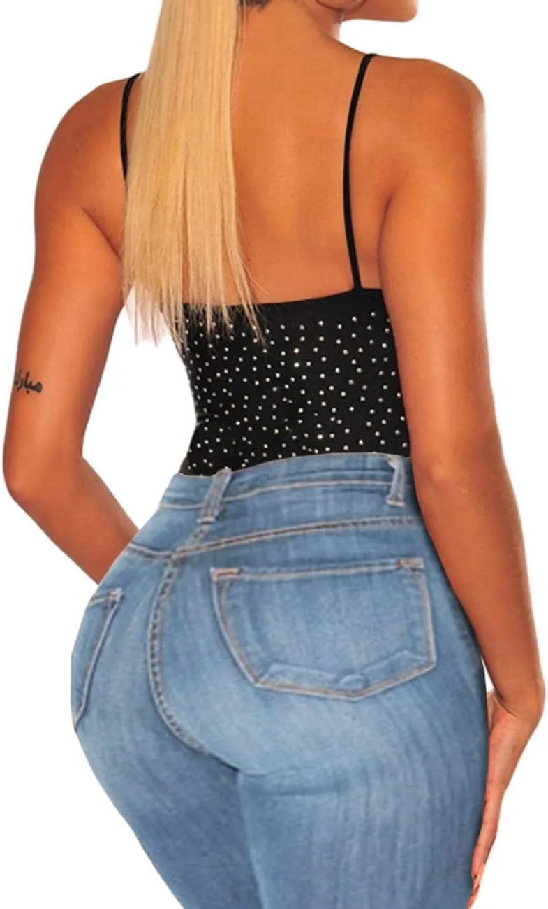 Women's Mesh Tops Glitter Sparkle Rhinestone Shirts See Through Tees Sheer Going Out Blouse