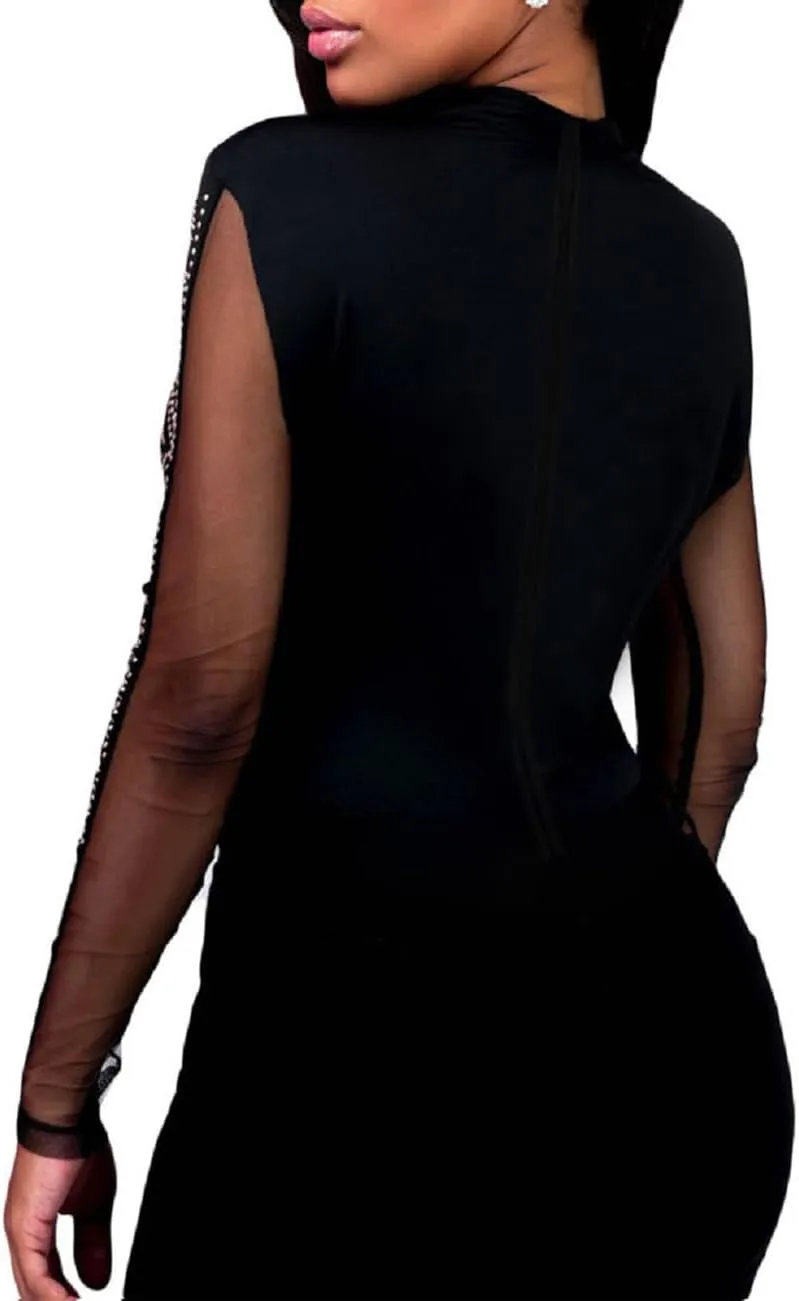 Women's Mesh Tops Glitter Sparkle Rhinestone Shirts See Through Tees Sheer Going Out Blouse