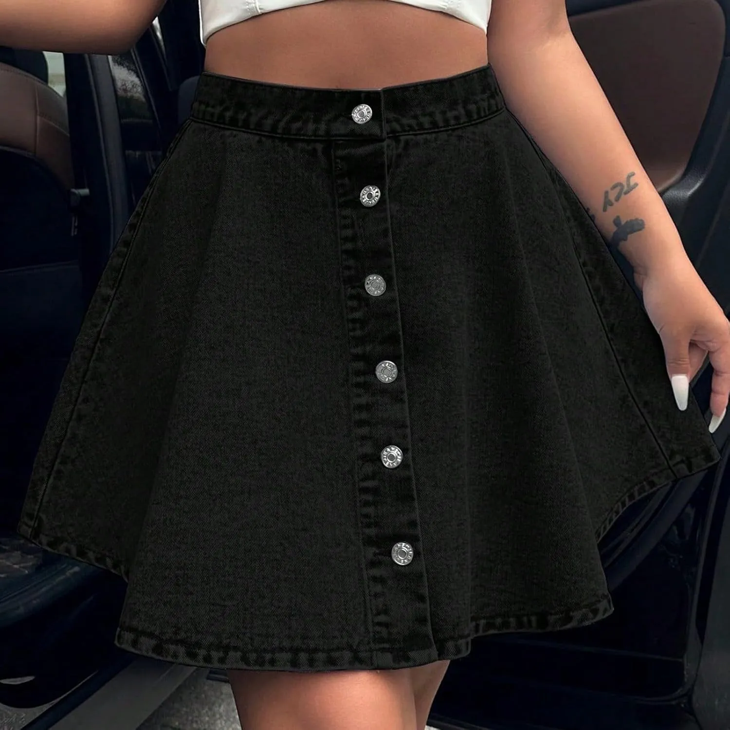 Women's Mini Skirts High Waist Button Hem Skater A Line Streetwear Denim Skirt Dresses, XS-XL