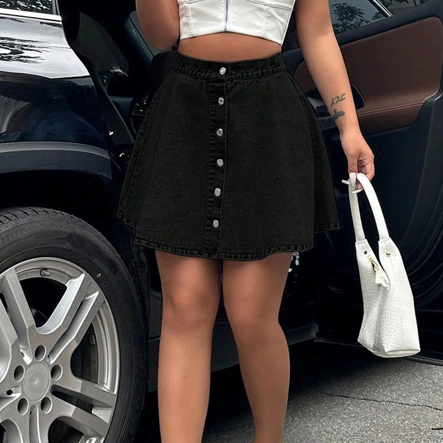 Women's Mini Skirts High Waist Button Hem Skater A Line Streetwear Denim Skirt Dresses, XS-XL