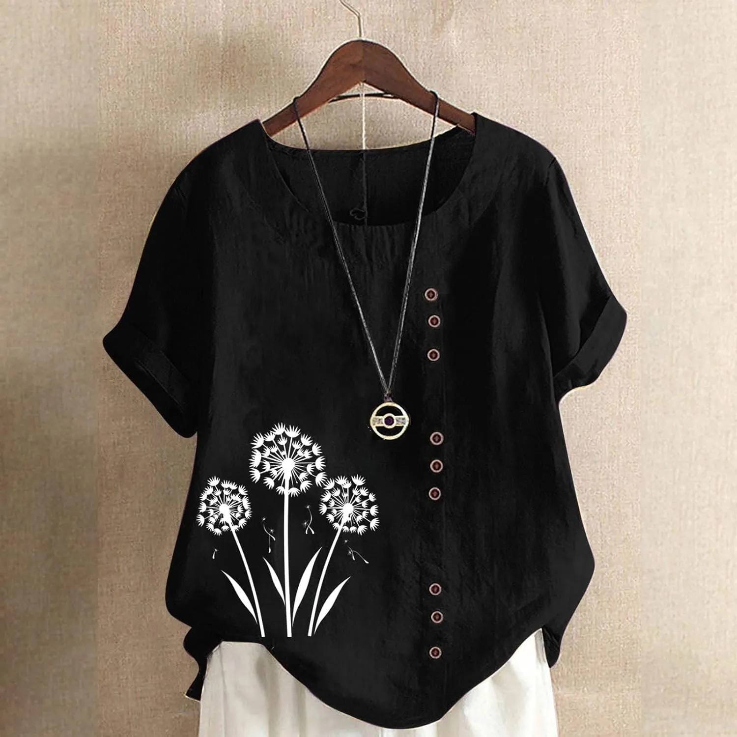 Women's Oversized Cotton Linen Shirts Summer Casual Boho Floral Print Short Sleeve Blouse Loose Crewneck Tunic Tops