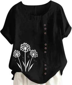 Women's Oversized Cotton Linen Shirts Summer Casual Boho Floral Print Short Sleeve Blouse Loose Crewneck Tunic Tops
