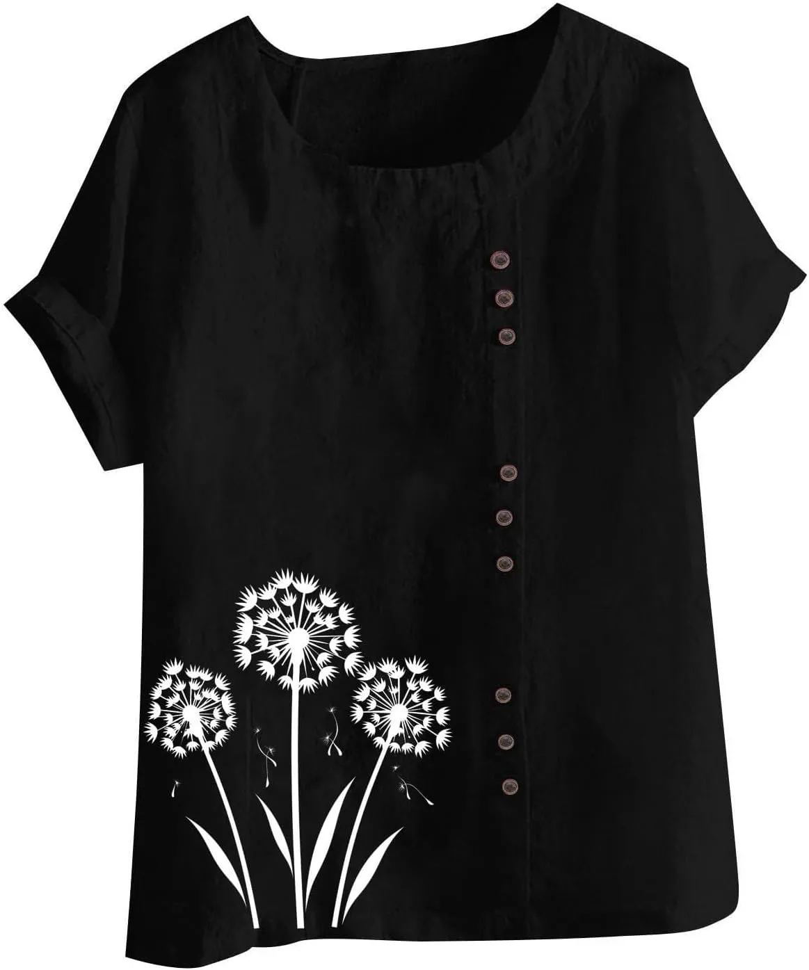 Women's Oversized Cotton Linen Shirts Summer Casual Boho Floral Print Short Sleeve Blouse Loose Crewneck Tunic Tops