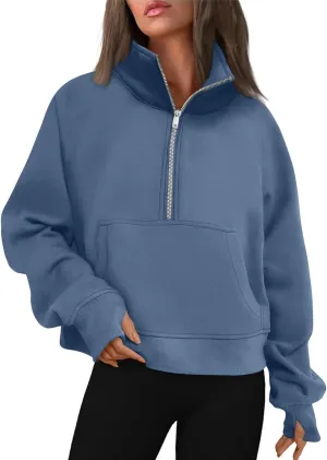 Womens Oversized Half Zip Cropped Sweatshirt 2024 Fall Fashion 1/4 Zip Pullover Preppy Thumb Hole Tops With Pocket