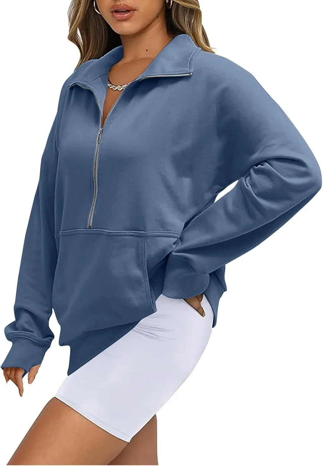 Womens Oversized Half Zip Cropped Sweatshirt 2024 Fall Fashion 1/4 Zip Pullover Preppy Thumb Hole Tops With Pocket