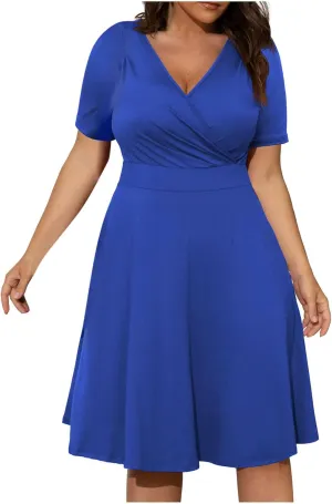 Womens Plus Size Casual Summer Dresses Short Sleeve V Neck Midi Dress A Line Sundress Vacation Outfits with Pockets