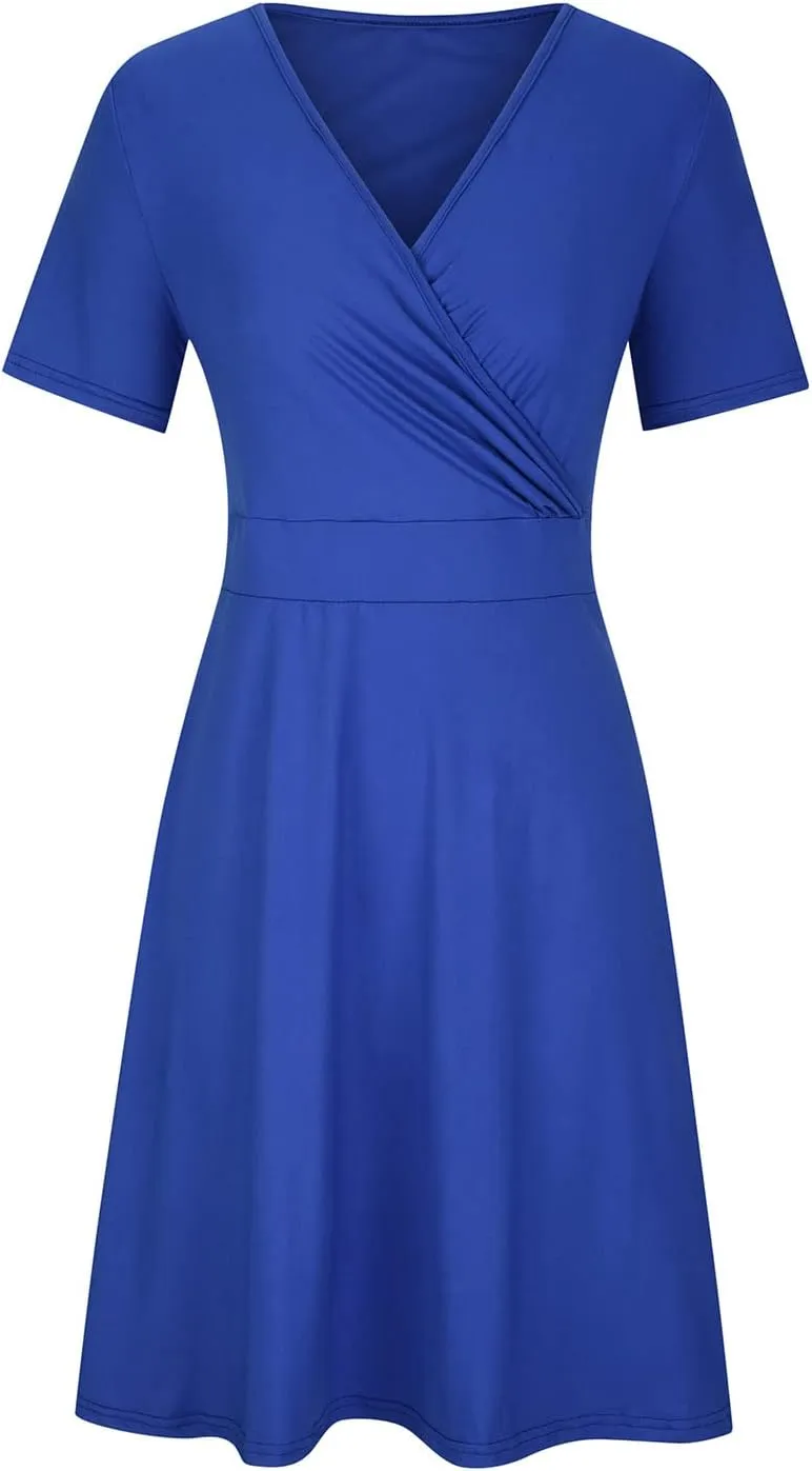 Womens Plus Size Casual Summer Dresses Short Sleeve V Neck Midi Dress A Line Sundress Vacation Outfits with Pockets