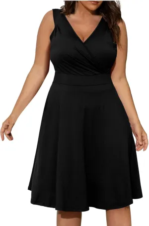 Womens Plus Size Casual Summer Dresses Sleeveless V Neck Midi Dress A Line Sundress Vacation Outfits with Pockets