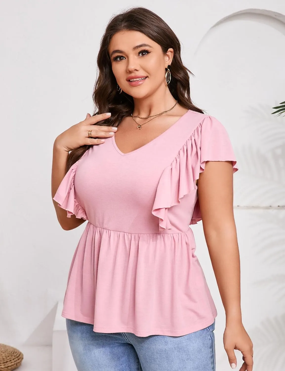 Womens Plus Size Peplum Summer Tops Short Sleeve Casual Blouse Ruffle V Neck T Shirts