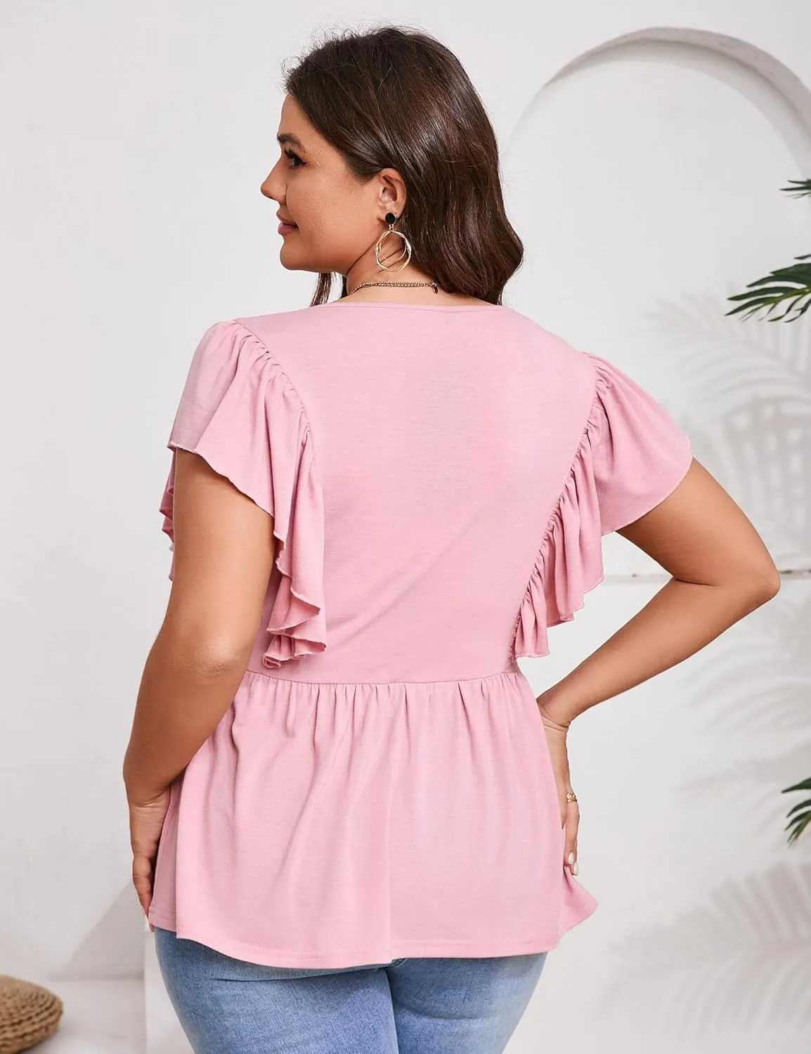 Womens Plus Size Peplum Summer Tops Short Sleeve Casual Blouse Ruffle V Neck T Shirts