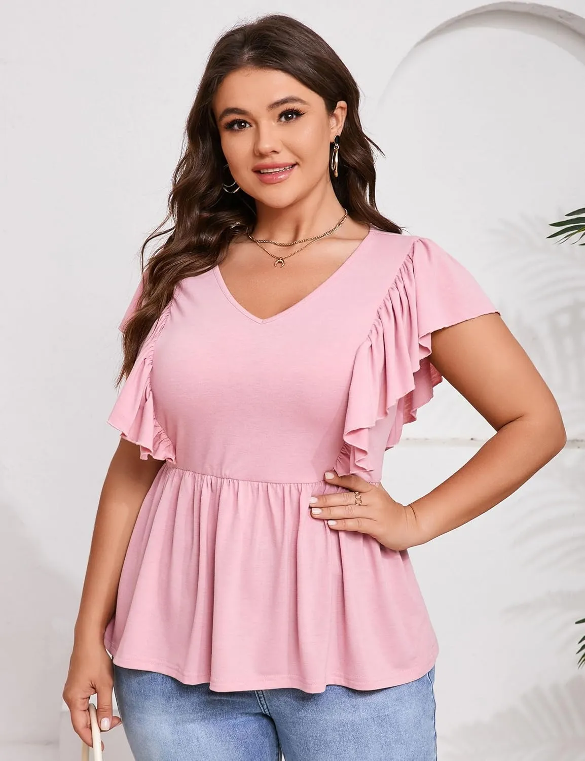 Womens Plus Size Peplum Summer Tops Short Sleeve Casual Blouse Ruffle V Neck T Shirts