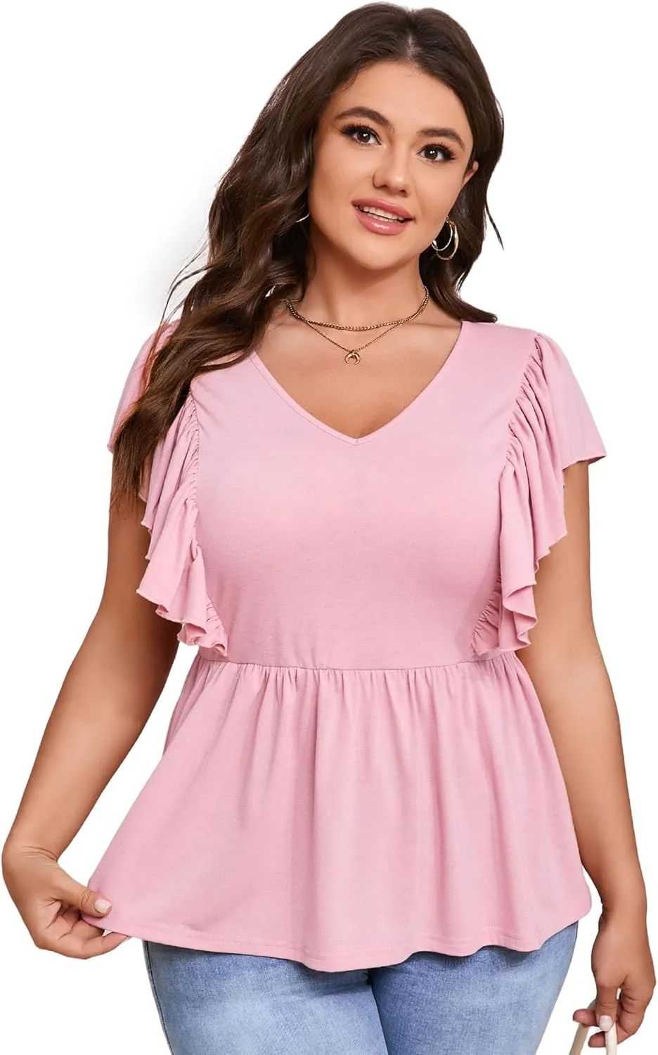 Womens Plus Size Peplum Summer Tops Short Sleeve Casual Blouse Ruffle V Neck T Shirts