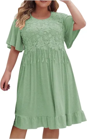 Women's Plus Size Summer Dresses Casual Short Sleeve Scoop Neck Beach Dress Ruffle Hem Loose Midi Babydoll Dress