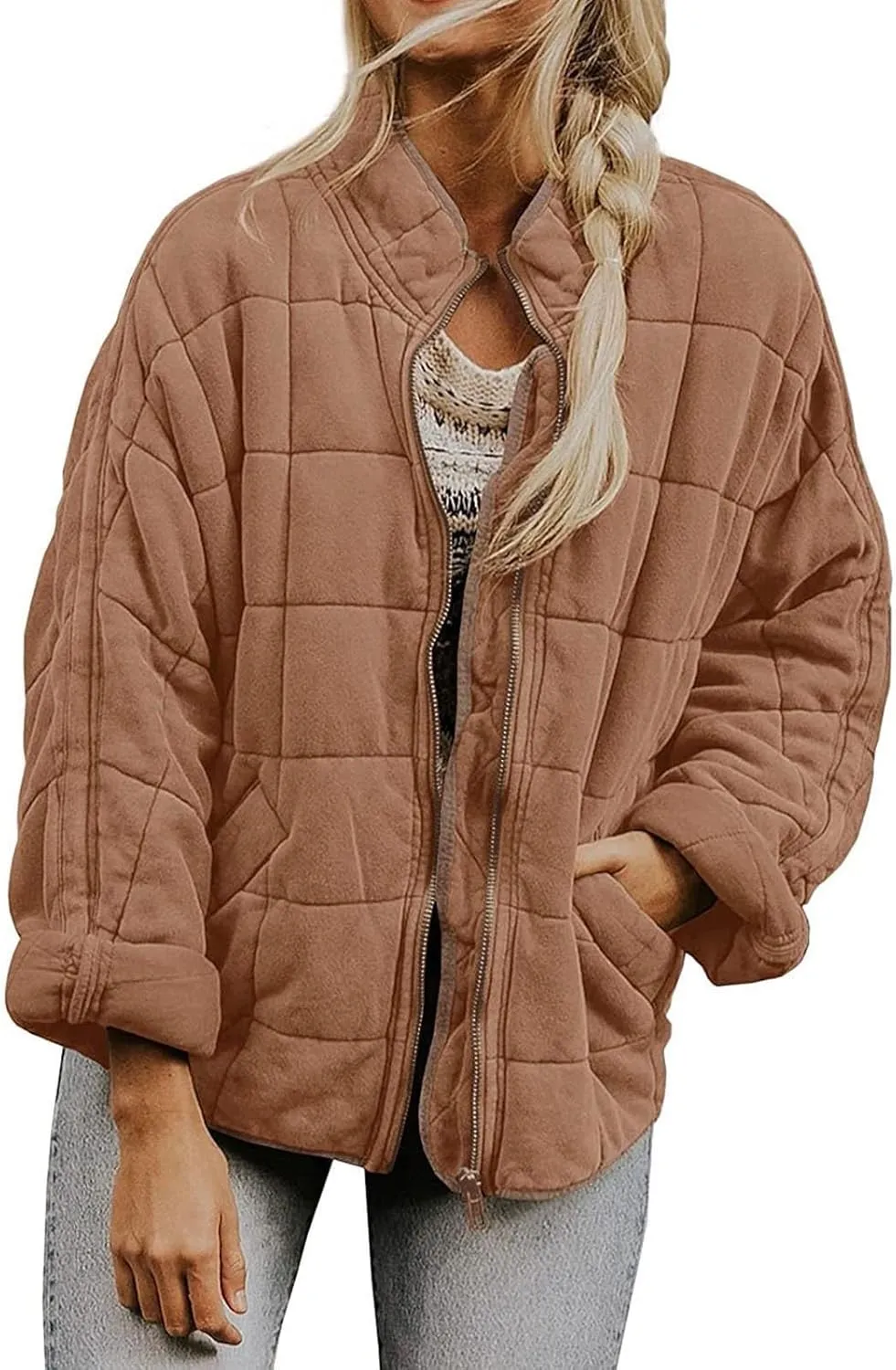 Women's Quilted Puffer Jacket Zip Up Oversized Lightweight Stand Collar Padded Down Coat Winter Loose Warm Outerwear