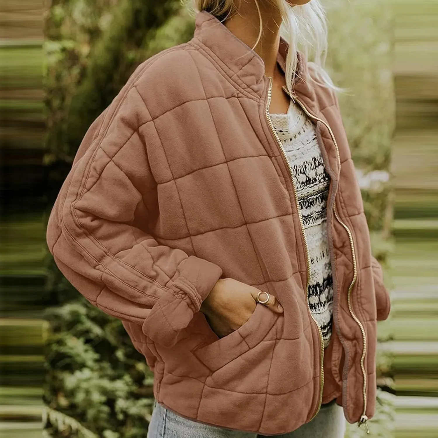 Women's Quilted Puffer Jacket Zip Up Oversized Lightweight Stand Collar Padded Down Coat Winter Loose Warm Outerwear