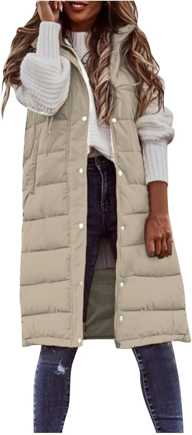 Womens Quilted Puffer Vest with Hooded Zipper Lightweight Long Down Sleeveless Jackets Warm Winter Coats with Pockets