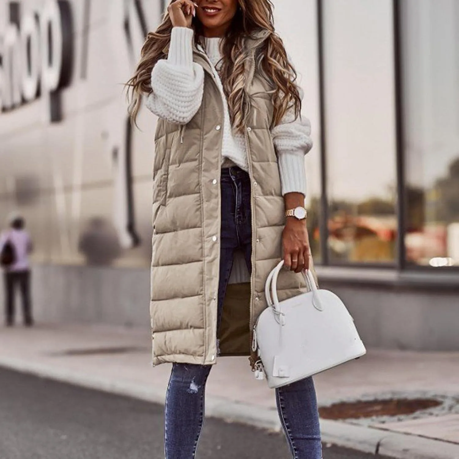 Womens Quilted Puffer Vest with Hooded Zipper Lightweight Long Down Sleeveless Jackets Warm Winter Coats with Pockets