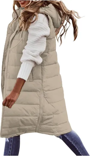 Womens Quilted Puffer Vest with Hooded Zipper Lightweight Long Down Sleeveless Jackets Warm Winter Coats with Pockets