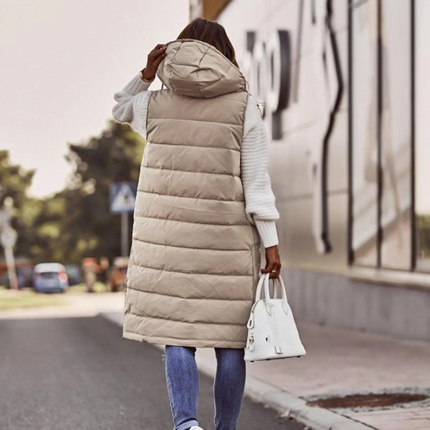 Womens Quilted Puffer Vest with Hooded Zipper Lightweight Long Down Sleeveless Jackets Warm Winter Coats with Pockets